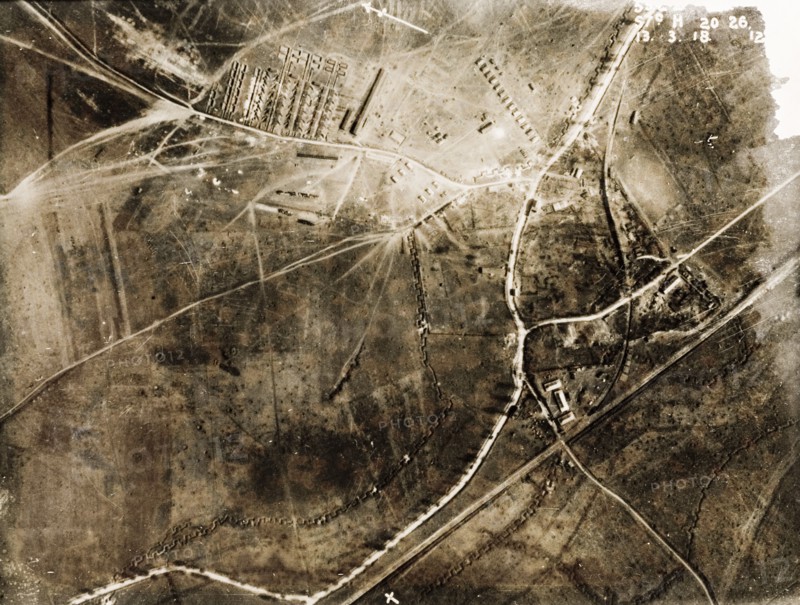 Aerial view of a military camp and trenches. One of a series of British aerial reconnaissance photographs recording the positions of trenches on the Western Front during the First World War. A military camp is surrounded by a heavily fortified system of square-toothed trenches. Nord-Pas de Calais or Picardie, France, 13 March 1918., Nord-Pas de Calais, France, Western Europe, Europe .