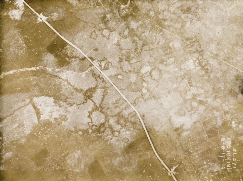 A mined road on the Western Front. One of a series of British aerial reconnaissance photographs recording the positions of trenches on the Western Front during the First World War. Two white circles on the main road indicate the explosion points of mines. Nord-Pas de Calais or Picardie, France, 18 August 1917., Nord-Pas de Calais, France, Western Europe, Europe .