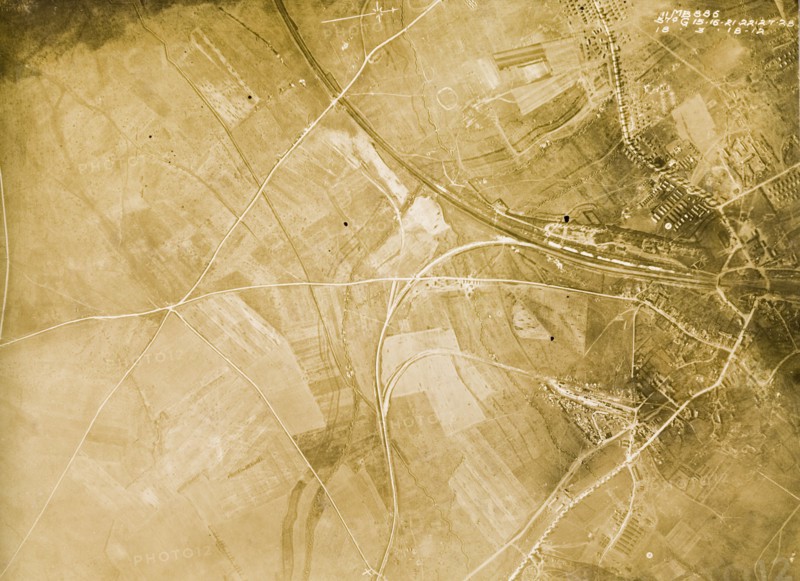 A military camp on the Western Front. One of a series of British aerial reconnaissance photographs recording the positions of trenches on the Western Front during the First World War. A military camp, probably British, is based close to a railway line running west to northeast. Nord-Pas de Calais or Picardie, France, 18 March 1918. France, Western Europe, Europe .