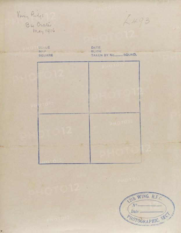 Royal Flying Corps data document. A document issued to the 12th Wing of the Royal Flying Corps (RFC), which was used to record data relating to aerial reconnaissance photographs from the Western Front. France, May 1916. France, Western Europe, Europe .