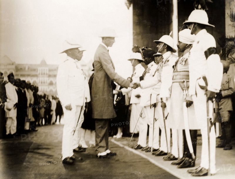 Lord Irwin's arrival at Bombay. Lord Irwin, Viceroy of India, is accompanied by Sir Henry Staveley Lawrence, the Acting Governor of Bombay, as he shakes hands with Indian and British officials on arriving in Bombay. Bombay (Mumbai), India, 1926. Mumbai, Maharashtra, India, Southern Asia, Asia.