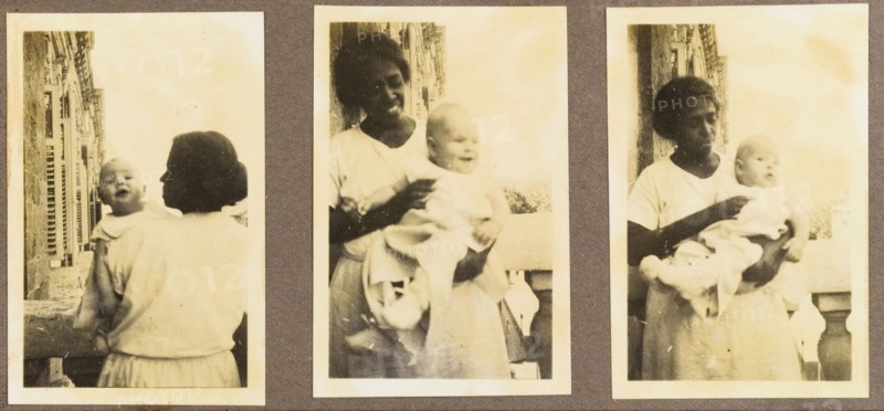 Indian ayah with an infant. Three shots of an Indian ayah (nursemaid) called Nannie, cradling a baby in her arms on the balcony of a house. Nannie worked for a British family (the Lawrences) in India, later moving with them to England where she lived for the rest of her life. India, circa 1920. India, Southern Asia, Asia.