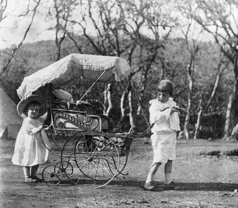 Henry Staveley Lawrence's children, 1904. The children of Phyllis and Sir Henry Staveley Lawrence, a British civil servant, play together outdoors. George (b.1899) pulls his baby sister Margaret (b.1904) in an ornate, canopied pram, whilst Henry (b.1902) pushes from behind. India, 1904. India, Southern Asia, Asia.
