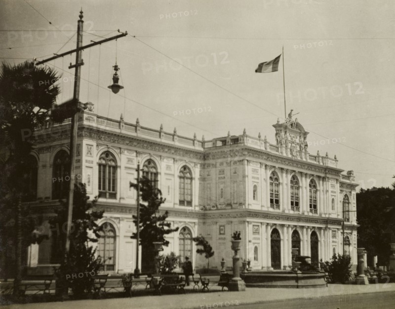 Exposition Palace in Lima. Exterior view of the Exposition Palace in Lima, built in 1870-71 and designed by Italian architect Antonio Leonardi in neo-Renaissance style. Lima, Peru, circa 1920. Lima, Lima Metropolitana, Peru, South America, South America .