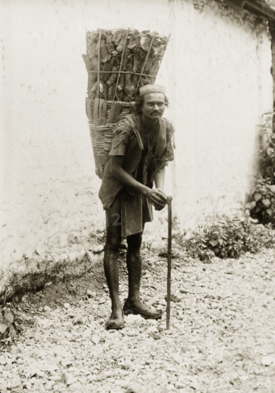 Indian man carrying firewood. An Indian man leans on his walking stick as he poses for the camera carrying a heavy load of firewood in a conical basket on his back. India, circa 1920. India, Southern Asia, Asia.