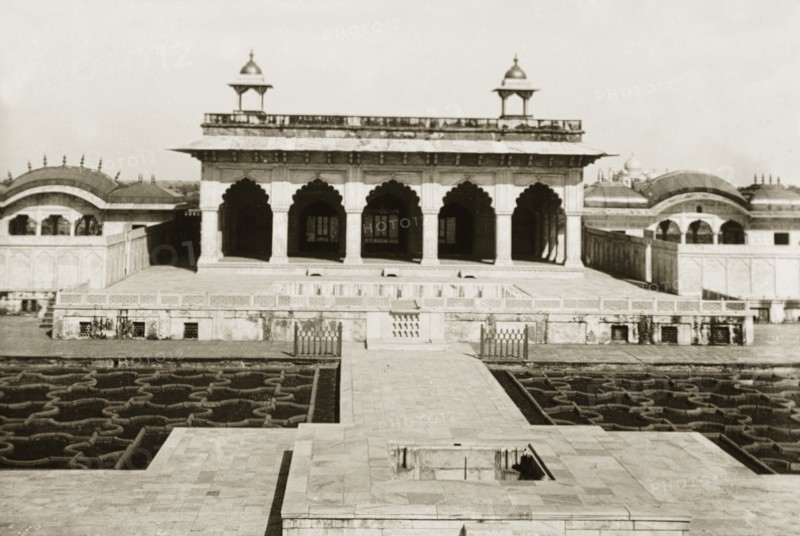 The Khas Mahal at Agra Fort. View of the Khas Mahal, a white marble palace set in a Mughal grape garden inside the Agra Fort complex. The grape garden was frequented by ladies of the royal court, and is located next to the female residential quarters. Agra, United Provinces (Uttar Pradesh), India, circa 1920. Agra, Uttar Pradesh, India, Southern Asia, Asia.