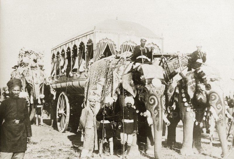 Procession of caparisoned elephants. Two caparisoned elephants pull a large, ornate carriage whilst a third carries a howdah. The animals have decorative patterns painted on their trunks and are ridden by 'mahouts' (elephant handlers). India, circa 1910. India, Southern Asia, Asia.