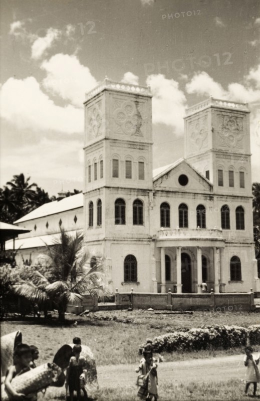 Catholic church in Western Samoa. View of the facade of a large Catholic church. Western Samoa (Samoa), circa 1956. Samoa, Pacific Ocean, Oceania.