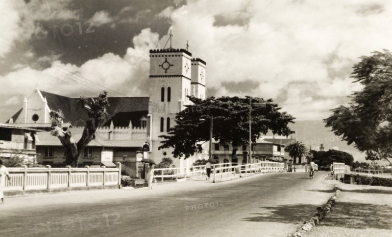 Catholic church in Apia. A Catholic church stands on a main street in Apia. Apia, Western Samoa (Samoa), circa 1956. Apia, Apia Urban Area, Samoa, Pacific Ocean, Oceania.