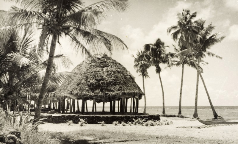 A traditional Samoan 'fale'. A traditional Samoan 'fale' (house) stands between palm trees on a sandy beach bordering the Pacific Ocean. Western Samoa (Samoa), circa 1956. Samoa, Pacific Ocean, Oceania.