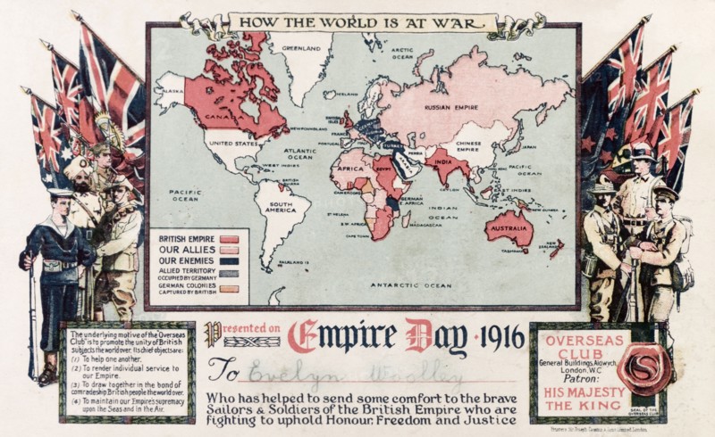 Certificate issued by the Overseas Club. A certificate issued by the Overseas Club on Empire Day, distributed to supporters of the armed forces of the British Empire. London, England, 1916. London, London, City of, England (United Kingdom), Western Europe, Europe .