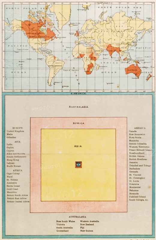 Map and diagram of the British Empire. A map highlighting the countries of the British Empire, accompanied by a diagram representing the proportions of each continent under British rule. England, circa 1899. England (United Kingdom), Western Europe, Europe .