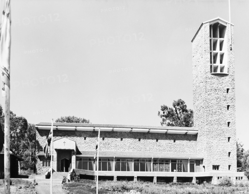 St Andrews Church, Nairobi. Exterior view of St Andrews Church in Nairobi, a former constituent of the Overseas Presbytery of the Church of Scotland until the formation of the Presbyterian Church of East Africa in 1956. Nairobi, Kenya, February 1952. Nairobi, Nairobi Area, Kenya, Eastern Africa, Africa.