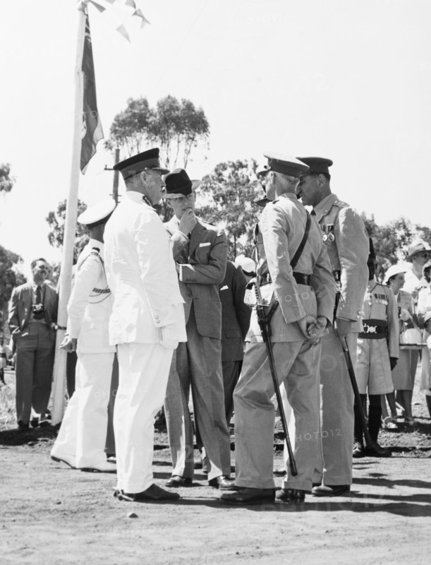 The Duke of Edinburgh meets officers of the Kenya Regiment. The Duke of Edinburgh meets with officers of the Kenya Regiment at their military headquarters in Nairobi. Nairobi, Kenya, February 1952. Nairobi, Nairobi Area, Kenya, Eastern Africa, Africa.