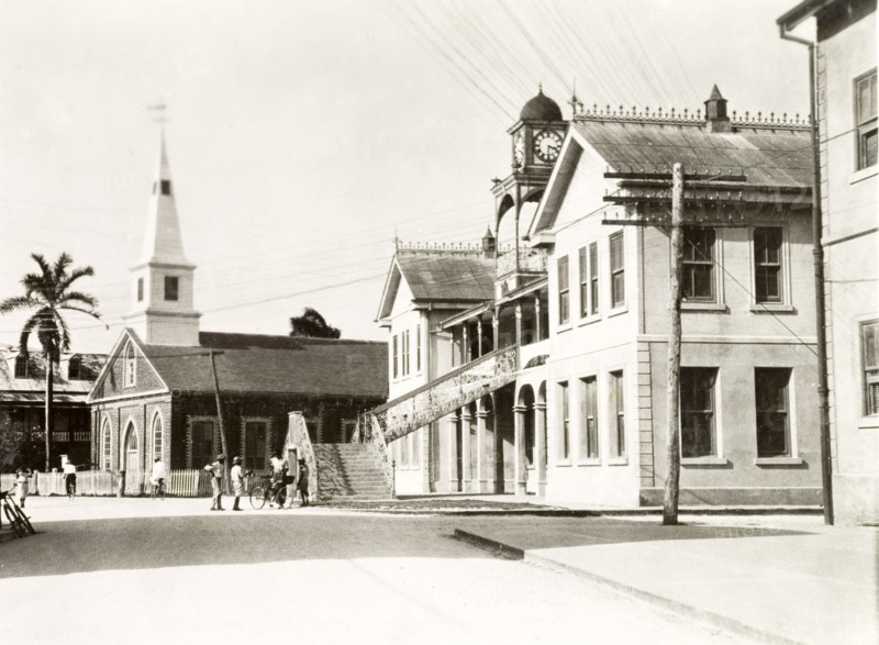 Court House and St Mary's Church, Belize. View down Regent Street to the Court House and St Mary's Church. The Court House, built in 1926, was the headquarters of the British colonial administration. Belize City, Belize, 1931. Belize, Belize, Belize, Central America, North America .