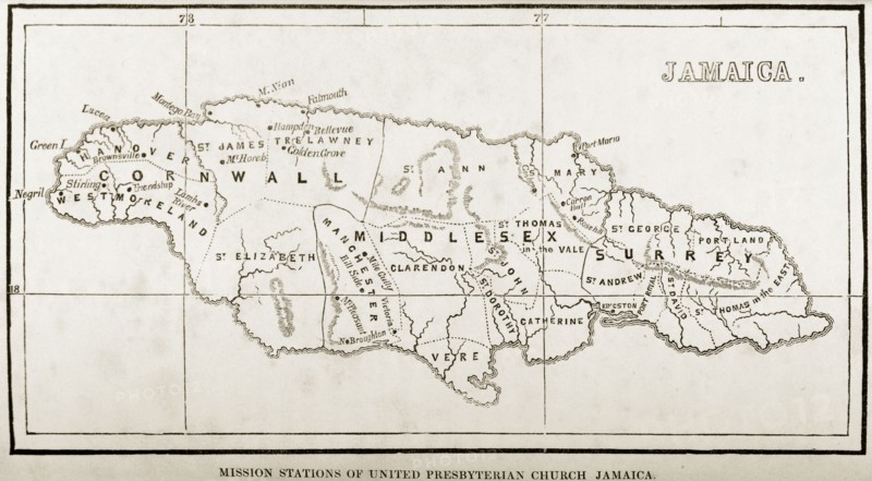 Map of mission stations in Jamaica, 1850. A woodcut illustration taken from Reverend George Blythe's autobiography, 'Reminiscences of Missionary Life' (published in 1851). A map of Jamaica indicates the locations of mission stations belonging to the United Presbyterian Church of Scotland. Jamaica, circa 1850. Jamaica, Caribbean, North America .
