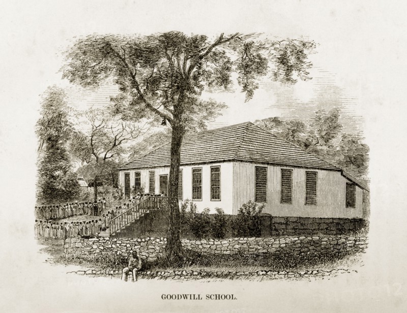 Goodwill School, Jamaica. A woodcut illustration taken from Reverend George Blythe's autobiography, 'Reminiscences of Missionary Life' (published in 1851). Jamaican schoolchildren queue in a long line outside the Goodwill School, a Scottish Presbyterian missionary school set up for the children of emancipated slaves. Trelawny, Jamaica, circa 1850., Trelawny, Jamaica, Caribbean, North America .