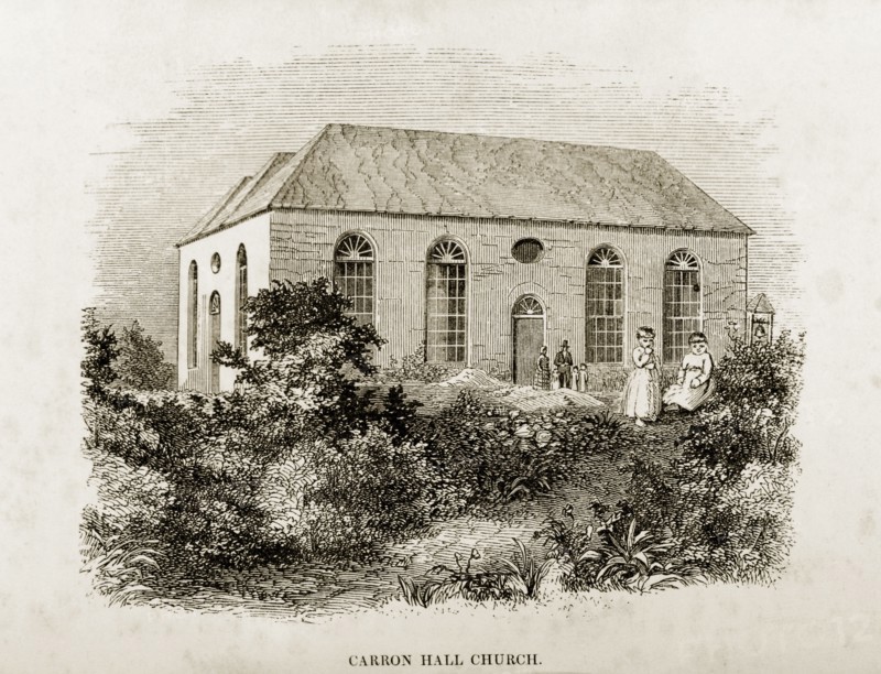 Carron Hall Church, Jamaica. A woodcut illustration of Carron Hall Church, taken from Reverend George Blythe's autobiography, 'Reminiscences of Missionary Life' (published in 1851). The stone church was built by Scottish Presbyterian missionaries in 1845 and replaced an earlier wooden residence that had previously served as a church. St Mary, Jamaica, circa 1850., St Mary (Jamaica), Jamaica, Caribbean, North America .