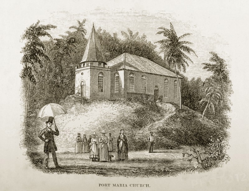 Port Maria Presbyterian Church. A woodcut illustration of Port Maria Church (now Kirk Church), taken from Reverend George Blythe's autobiography, 'Reminiscences of Missionary Life' (published in 1851). The church was built by Scottish Presbyterian missionaries in 1832 under the direction of Reverend John Chamberlain. Port Maria, Jamaica, circa 1850. Port Maria, St Mary (Jamaica), Jamaica, Caribbean, North America .