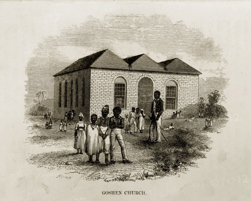 Goshen Church, Jamaica. A woodcut illustration of Goshen Church, taken from Reverend George Blythe's autobiography, 'Reminiscences of Missionary Life' (published in 1851). This was a Presbyterian church founded by the Scottish Missionary Society. St Mary, Jamaica, circa 1850., St Mary (Jamaica), Jamaica, Caribbean, North America .