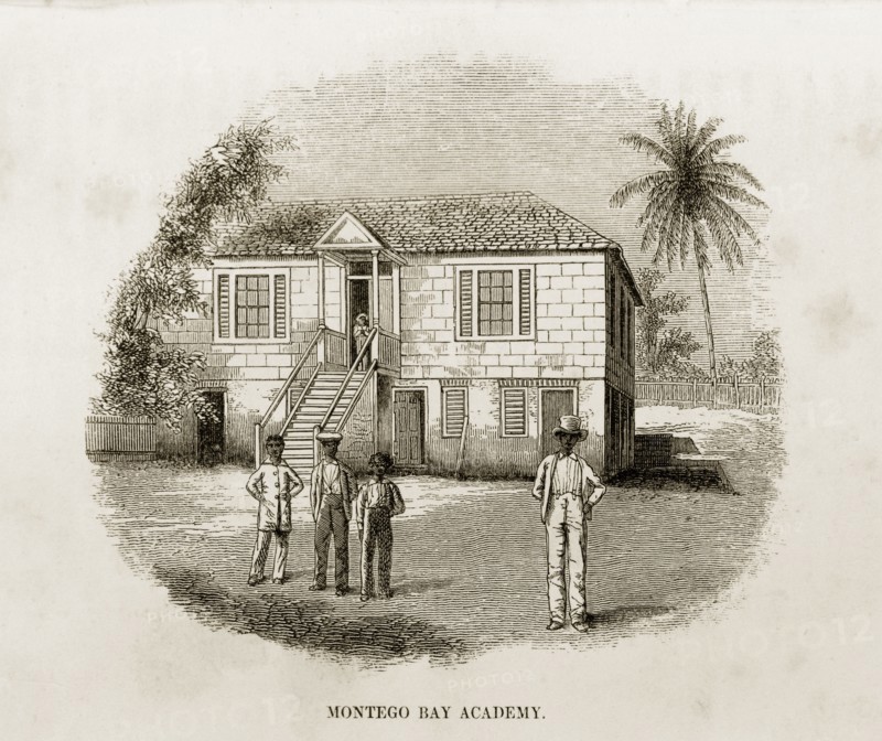 Montego Bay Academy, Jamaica. A woodcut illustration of Montego Bay Academy, taken from Reverend George Blythe's autobiography, 'Reminiscences of Missionary Life' (published in 1851). Established by Scottish Presbyterian missionaries in the 1840s, the college's principal aim was to train young men for teaching and missionary work. Montego Bay, Jamaica, circa 1850. Montego Bay, St James (Jamaica), Jamaica, Caribbean, North America .