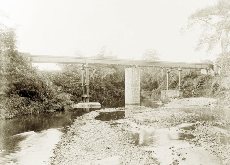 Railway bridge over Tacarigua River, Trinidad. View of a Trinidad Government Railway bridge crossing the Tacarigua River. Trinidad, circa 1912., Trinidad and Tobago, Trinidad and Tobago, Caribbean, North America .