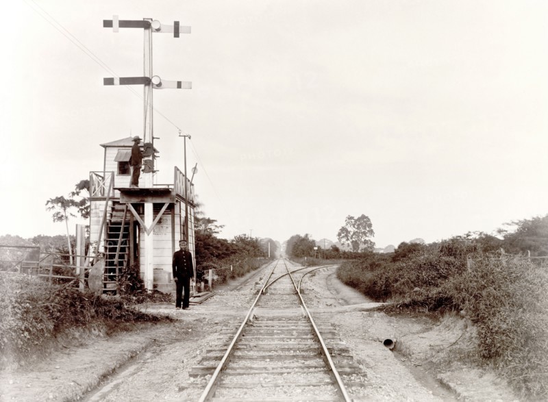 San Joseph railway junction, Trinidad. View of the signal box at San Joseph railway junction on the Trinidad Government Railway line. Trinidad, circa 1912., Trinidad and Tobago, Trinidad and Tobago, Caribbean, North America .