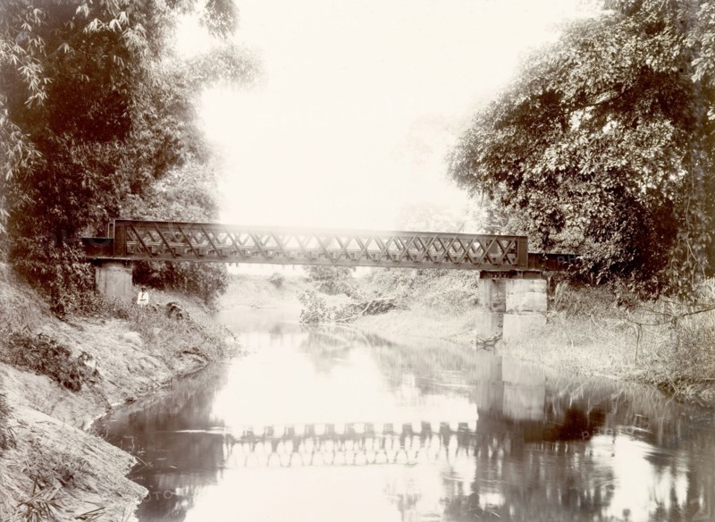 Railway bridge over Caroni River, Trinidad. View of a railway bridge crossing the Caroni River on the Trinidad Government Railway line. Trinidad, circa 1912., Trinidad and Tobago, Trinidad and Tobago, Caribbean, North America .