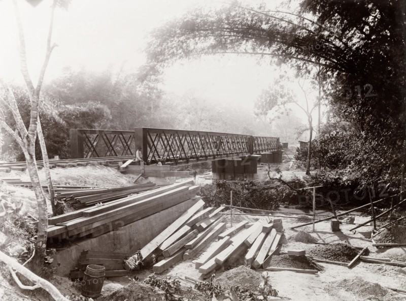 Trinidad Bridge over the Guanapo River. View of the construction of Trinidad Bridge, a railway bridge over the Guanapo River on the Sangre Grand railway line. Trinidad, circa 1912., Trinidad and Tobago, Trinidad and Tobago, Caribbean, North America .