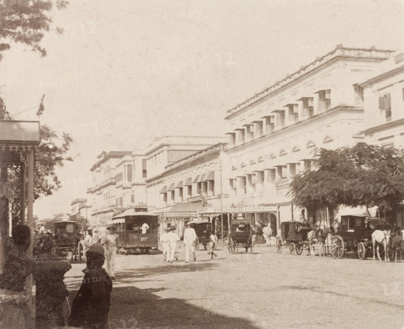 Old Court House Street, Calcutta. View down Old Court House Street in Calcutta, a commercial road bustling with horse-drawn carriages, pedestrians and trams. Calcutta (Kolkata), India, 1887. Kolkata, West Bengal, India, Southern Asia, Asia.