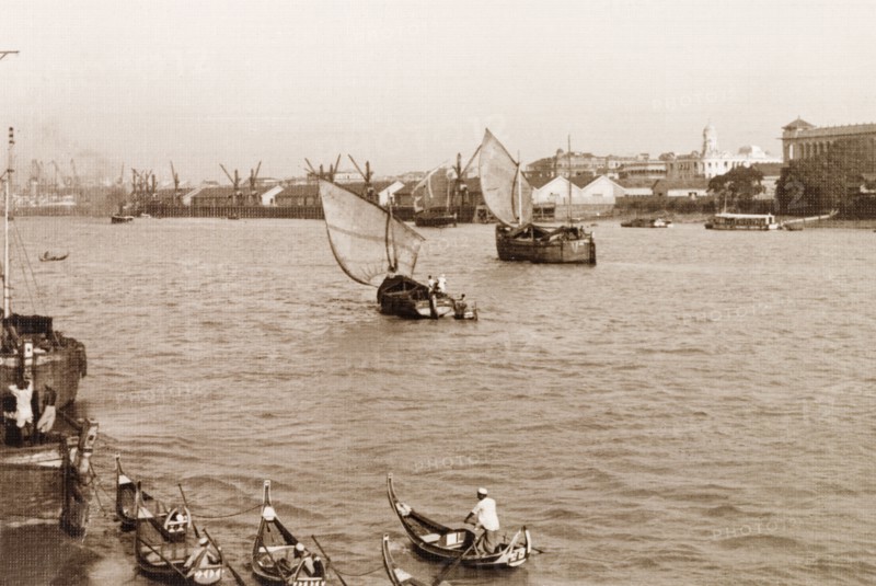 Rangoon docks. View across the Irrawaddy River to the docks at Rangoon. Rangoon, Burma (Yangon, Myanmar), 1931. Yangon, Yangon, Burma (Myanmar), South East Asia, Asia.