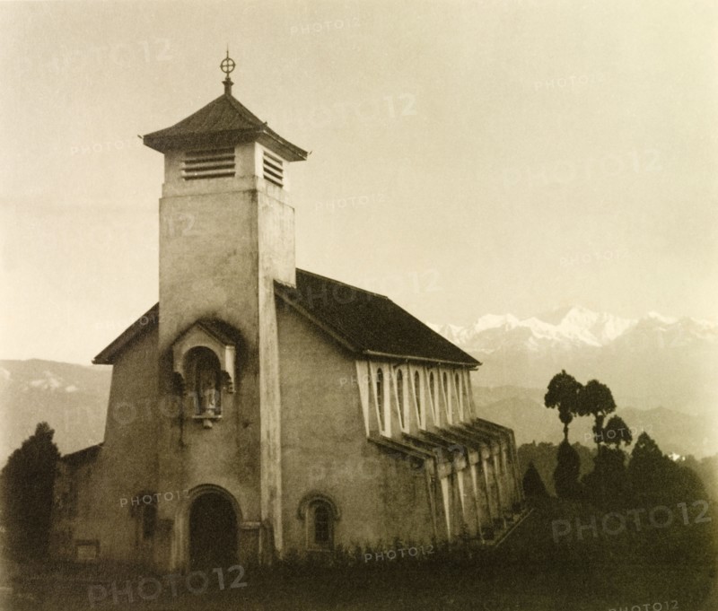 The chapel of St Paul's School, Darjeeling. View of the Anglican chapel of St Paul's School, situated in the Siwalik Hills with a stunning view over the lower ranges of the Himalayas. Darjeeling, India, 1935. Darjeeling, West Bengal, India, Southern Asia, Asia.