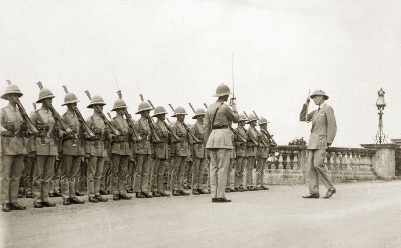 Lord Irwin inspecting the West Yorkshire Regiment. Lord Irwin, Viceroy of India, inspects a line up of the West Yorkshire Regiment (The Prince of Wales's Own) at the British cantonment town of Mhow. Mhow, Indore State (Madhya Pradesh), India, 1928. Indore, Madhya Pradesh, India, Southern Asia, Asia.