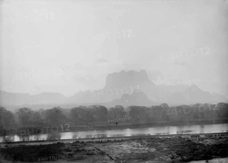 The Salween River, Burma. View across the Salween River to the misty outline of the hills beyond. Burma (Myanmar), circa 1890. Burma (Myanmar), South East Asia, Asia.