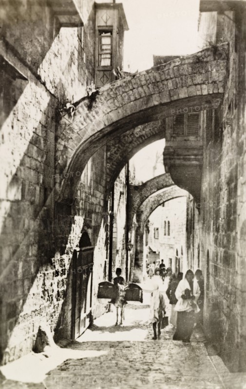 Via Dolorosa, Jerusalem. View down Via Dolorosa, a street in the old city of Jerusalem, which Jesus is believed to have walked through on the way to his crucifixion. Jerusalem, British Mandate of Palestine (Israel), circa 1942. Jerusalem, Jerusalem, Israel, Middle East, Asia.