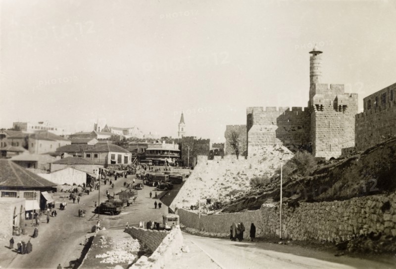 Tower of David, Jerusalem. View of the Tower of David, a medieval fortress in Jerusalem. Jerusalem, British Mandate of Palestine (Israel), circa 1942. Jerusalem, Jerusalem, Israel, Middle East, Asia.