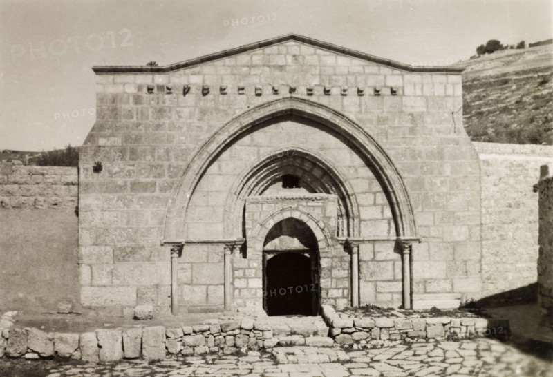 Tomb of the Virgin Mary, Jerusalem . The facade of the Tomb of the Virgin Mary, situated at the foot of Mount of Olives. Jerusalem, British Mandate of Palestine (Israel), circa 1942. Jerusalem, Jerusalem, Israel, Middle East, Asia.
