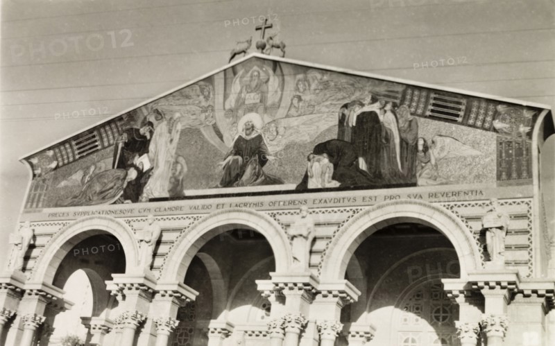 Church of All Nations, Jerusalem. View of a mural depicting Jesus Christ on the facade of the Church of All Nations, a Christian church located on the Mount of Olives next to the Garden of Gethsemane. Jerusalem, British Mandate of Palestine (Israel), circa 1942. Jerusalem, Jerusalem, Israel, Middle East, Asia.