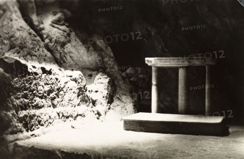 Tomb of Joseph of Arimathea. Interior view of the Tomb of Joseph of Arimathea, a grotto located under the Church of the Holy Sepulchre. Jerusalem, British Mandate of Palestine (Israel), circa 1942. Jerusalem, Jerusalem, Israel, Middle East, Asia.