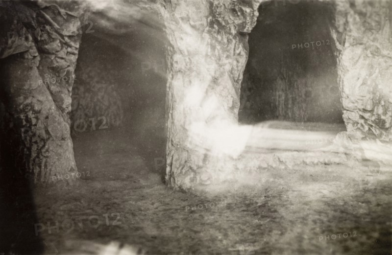 Tomb of Joseph of Arimathea. View of two burial shafts in the Tomb of Joseph of Arimathea, a grotto located under the Church of the Holy Sepulchre. Jerusalem, British Mandate of Palestine (Israel), circa 1942. Jerusalem, Jerusalem, Israel, Middle East, Asia.