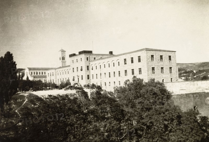 A Franciscan monastery, Nazareth. View of a large, colonial-style building identified as a Franciscan monastery. Nazareth, British Mandate of Palestine (Israel), circa 1942. Nazareth, North (Israel), Israel, Middle East, Asia.