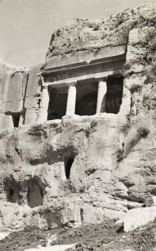 Tomb of the Kings, Jerusalem. The pillared entrance to a tomb cut into the rock face at the ancient burial site of the Tomb of the Kings. Jerusalem, British Mandate of Palestine (Israel), circa 1942. Jerusalem, Jerusalem, Israel, Middle East, Asia.