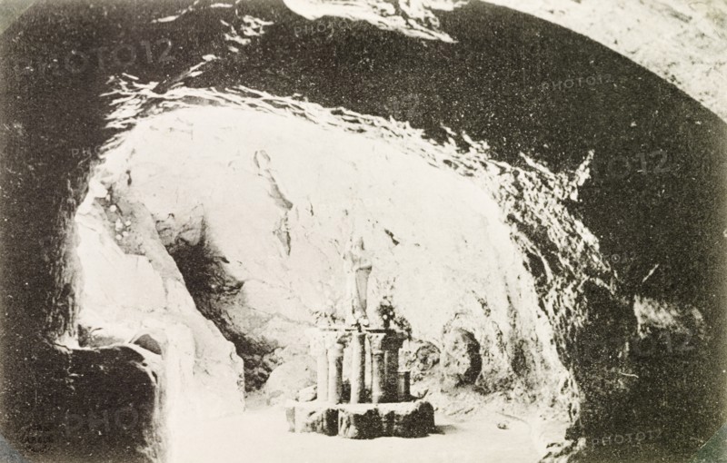 Shrine in the Tomb of Joseph of Arimathea. View of a shrine in the Tomb of Joseph of Arimathea, a grotto located under the Church of the Holy Sepulchre. Jerusalem, British Mandate of Palestine (Israel), circa 1942. Jerusalem, Jerusalem, Israel, Middle East, Asia.