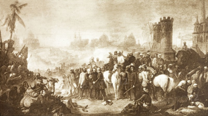 The meeting of Sir Campbell and Sir Havelock. An illustration depicts the meeting of army generals Sir Henry Havelock and Sir Colin Campbell at the British Residency in Lucknow. Havelock had attempted to alleviate the Siege of Lucknow on 25 September 1857, but the mutiny continued, prompting Campbell to effect a second relief and evacuation. Lucknow, North Western Provinces (Uttar Pradesh), India, 19 November 1857. Lucknow, Uttar Pradesh, India, Southern Asia, Asia.