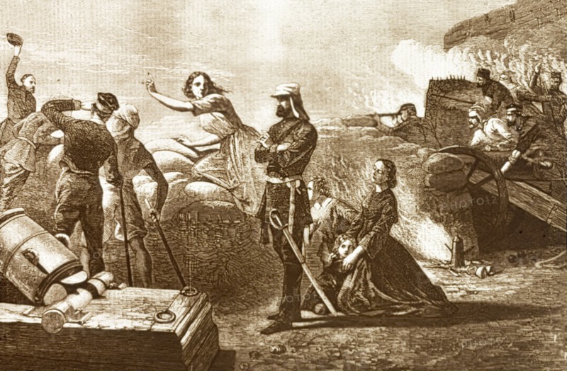 The Campbells are coming'. An illustration depicts a battle scene from the final stages of the Siege of Lucknow. British women and children take refuge in the besieged British Residency as soldiers fire guns and cannons from the battlements. To the left, a messenger waving his hat announces the approach of the British relief force led by Sir Colin Campbell. Lucknow, North Western Provinces (Uttar Pradesh), India, 1857. Lucknow, Uttar Pradesh, India, Southern Asia, Asia.