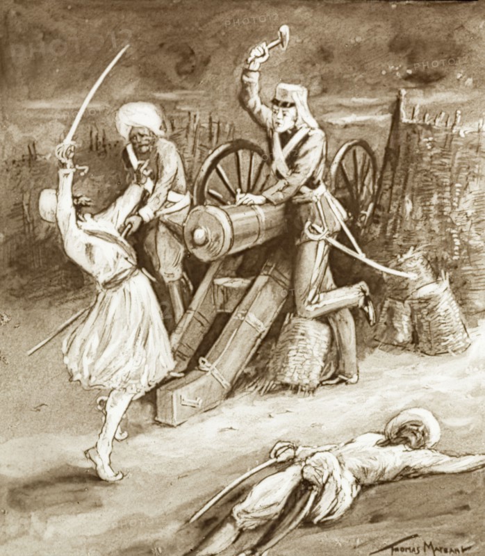 Private Cancy and the sepoy'. An illustration depicts a battle scene from the Indian Mutiny and Rebellion (1857-58). A British officer, Private Cancy, raises a hammer to strike and fire a cannon as he is attacked by a mutinous Indian sepoy. India, circa 1857. India, Southern Asia, Asia.