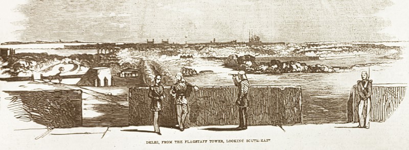 British garrison on Delhi's northern ridge. An illustration depicts British soldiers on guard duty during the Indian Mutiny and Rebellion (1857-58). They survey the land from the battlements of a garrison on the northern ridge, looking south east towards the besieged city of Delhi. Delhi, India, 1857. Delhi, Delhi, India, Southern Asia, Asia.