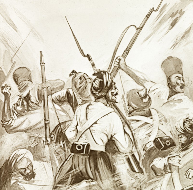 Sepoys battling Sikh soldiers, 1857. An illustration depicts a violent battle between mutinous sepoys and Sikh soldiers loyal to the British Army during the Indian Mutiny and Rebellion (1857-58). India, circa 1857. India, Southern Asia, Asia.