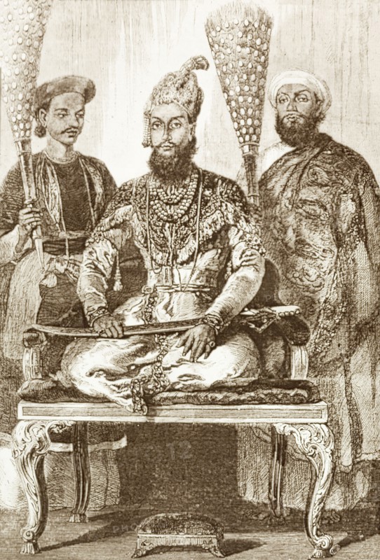 Portrait of Bahadur Shah II. Illustrated portrait of Bahadur Shah II (1775-1862), the last Mughal Emperor of India. During the Indian Mutiny and Rebellion (1857-58), Bahadur Shah II was expected to become Emperor of India after British rule had been overthrown, but when the rebellion was suppressed, he was deposed and exiled to Burma (Myanmar), ending nearly 300 years of the Mughal Dynasty. India, circa 1857. India, Southern Asia, Asia.
