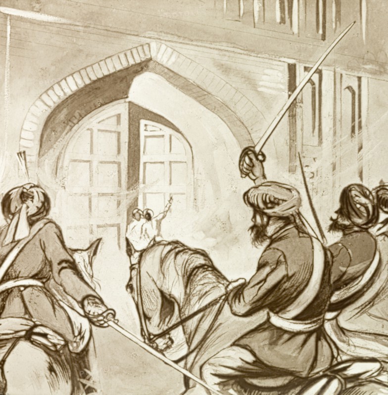 Sepoys attack Meerut jail, 1857. An illustration depicts a gang of mutinous sepoys storming Meerut jail to liberate their comrades: 85 Muslim and Hindu soldiers who had been imprisoned for refusing, on religious grounds, to handle musket carriages greased with animal fat. This was one of a series of events that sparked the Indian Mutiny and Rebellion (1857-58). Meerut, North West Province (Uttar Pradesh), India, 1857., Uttar Pradesh, India, Southern Asia, Asia.